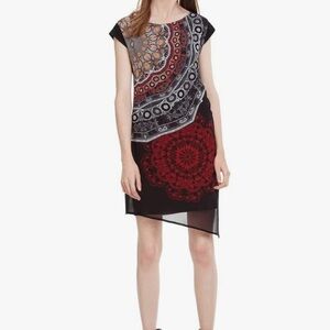 Desigual Dress Babilon Midi Dress Black Red 42 Sheer Lined Asymmetrical Abstract